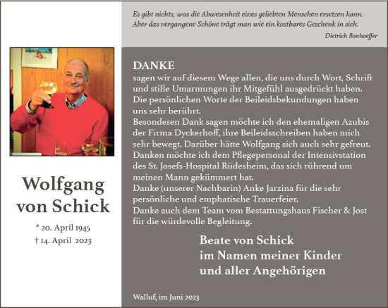 Traueranzeige von Wolfgang von Schick von Wiesbadener Kurier
