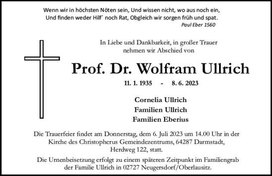 Traueranzeige von Wolfram Ullrich von Darmstädter Echo