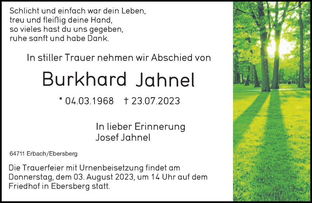  Traueranzeige für Burkhard Jahnel vom 29.07.2023 aus Odenwälder Echo
