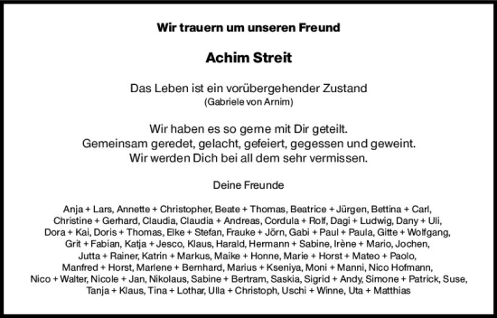 Traueranzeige von Achim Streit von Allgemeine Zeitung Mainz