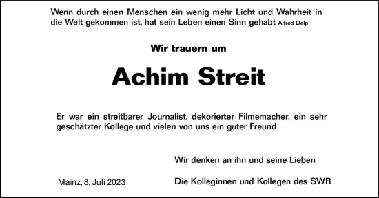 Traueranzeige von Achim Streit von Allgemeine Zeitung Mainz