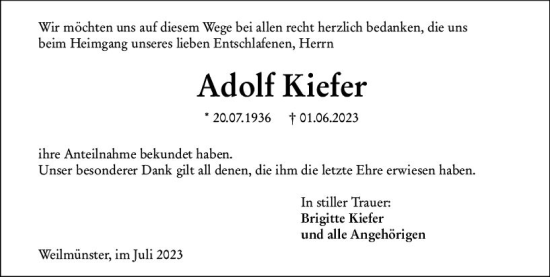 Traueranzeige von Adolf Kiefer von Weilburger Tageblatt