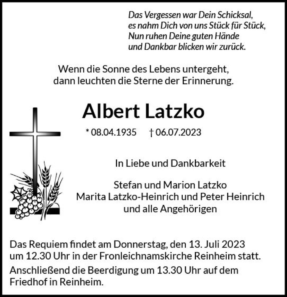  Traueranzeige für Albert Latzko vom 08.07.2023 aus Darmstädter Echo