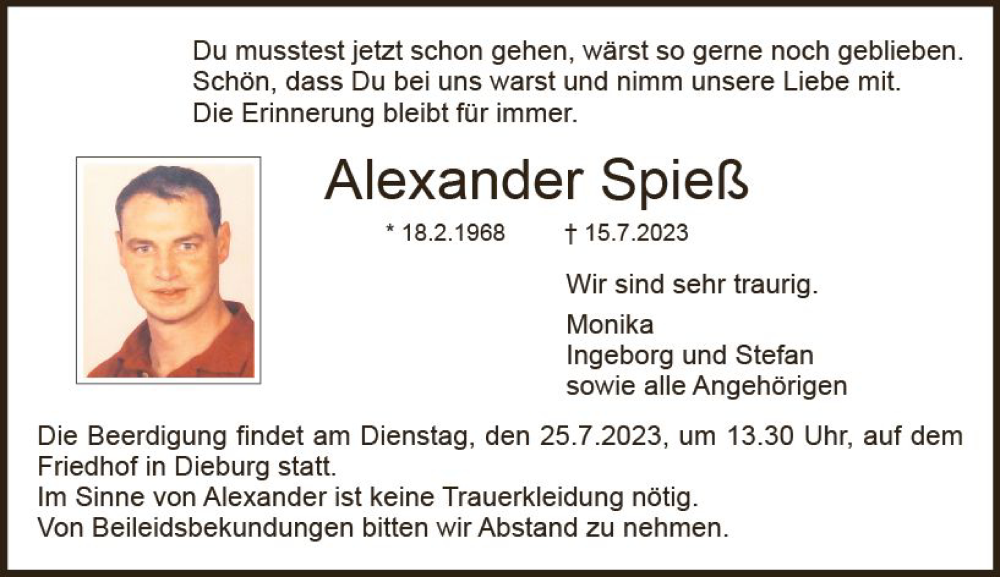  Traueranzeige für Alexander Spieß vom 22.07.2023 aus Dieburger Anzeiger/Groß-Zimmerner Lokal-Anzeiger