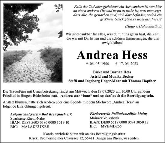 Traueranzeige von Andrea Hess von Bingen/Ingelheim WOBL inkl. Neue Binger Ztg.