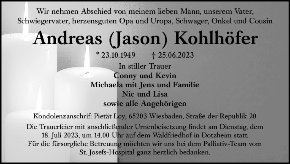  Traueranzeige für Andreas  Kohlhöfer vom 08.07.2023 aus Wiesbadener Kurier