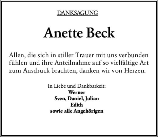 Traueranzeige von Anette Beck von Weilburger Tageblatt