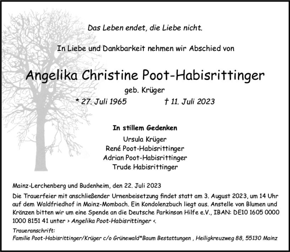  Traueranzeige für Angelika Christine Poot-Habisrittinger vom 22.07.2023 aus Allgemeine Zeitung Mainz