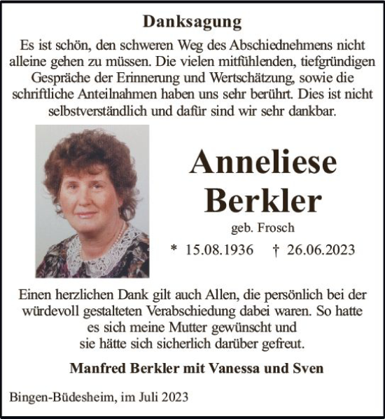 Traueranzeige von Anneliese Berkler von Allgemeine Zeitung Bingen/Ingelheim