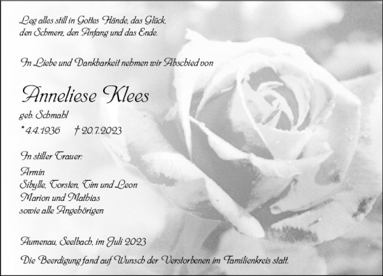 Traueranzeige von Anneliese Klees von Weilburger Tageblatt