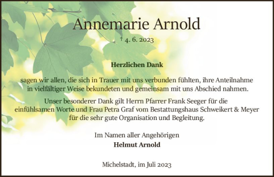 Traueranzeige von Annemarie Arnold von Odenwälder Echo