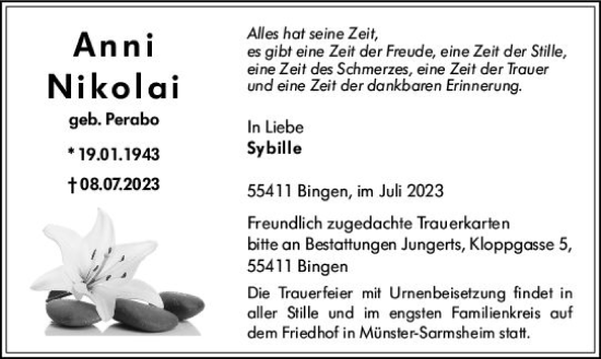Traueranzeige von Anni Nikolai von Bingen/Ingelheim WOBL inkl. Neue Binger Ztg.