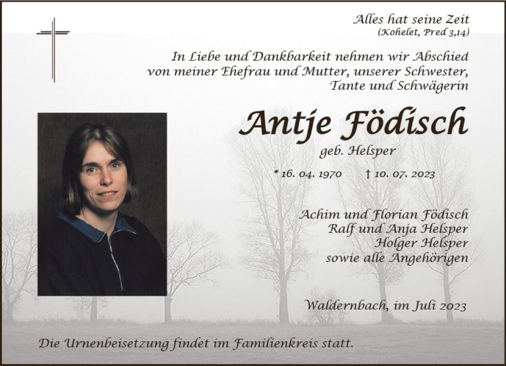  Traueranzeige für Antje Födisch vom 18.07.2023 aus Weilburger Tageblatt