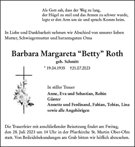 Traueranzeige von Barbara Margareta Roth von Allgemeine Zeitung Mainz