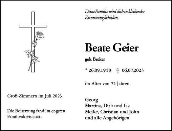 Traueranzeige von Beate Geier von Dieburger Anzeiger/Groß-Zimmerner Lokal-Anzeiger
