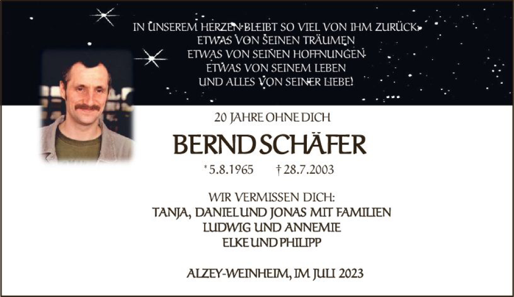 Traueranzeige für Bernd Schäfer vom 28.07.2023 aus Allgemeine Zeitung Alzey