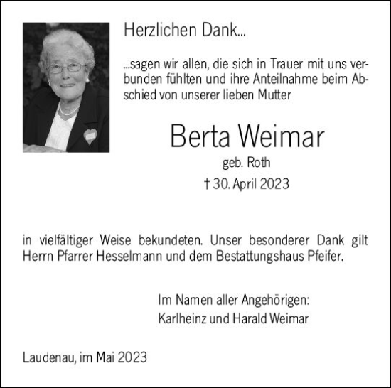 Traueranzeige von Berta Weimar von Bergsträßer Anzeiger