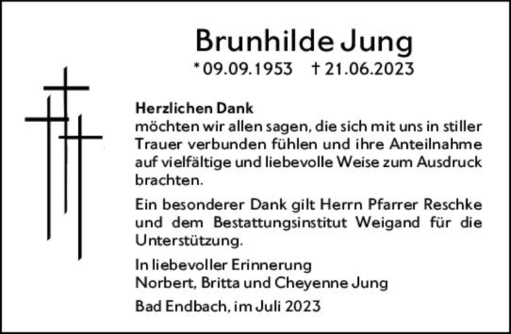  Traueranzeige für Brunhilde Jung vom 19.07.2023 aus Hinterländer Anzeiger