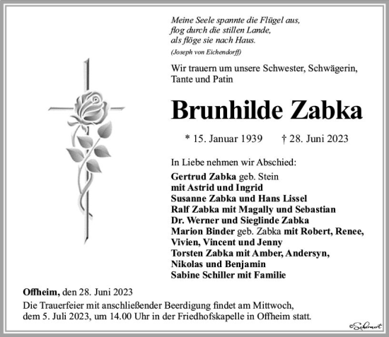 Traueranzeige von Brunhilde Zabka von Nassauische Neue Presse