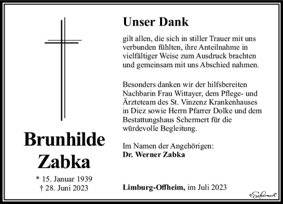 Traueranzeige von Brunhilde Zabka von Nassauische Neue Presse