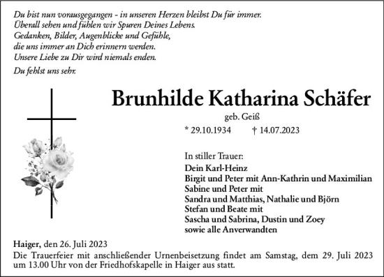 Traueranzeige von Brunhilde Katharina Schäfer von Dill Block