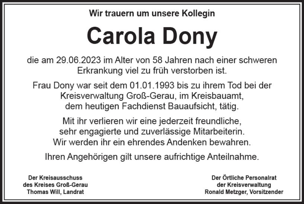  Traueranzeige für Carola Dony vom 14.07.2023 aus Groß-Gerauer Echo