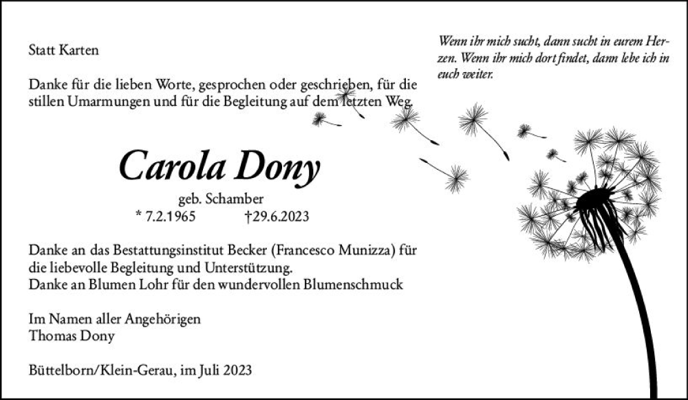  Traueranzeige für Carola Dony vom 29.07.2023 aus Groß-Gerauer Echo