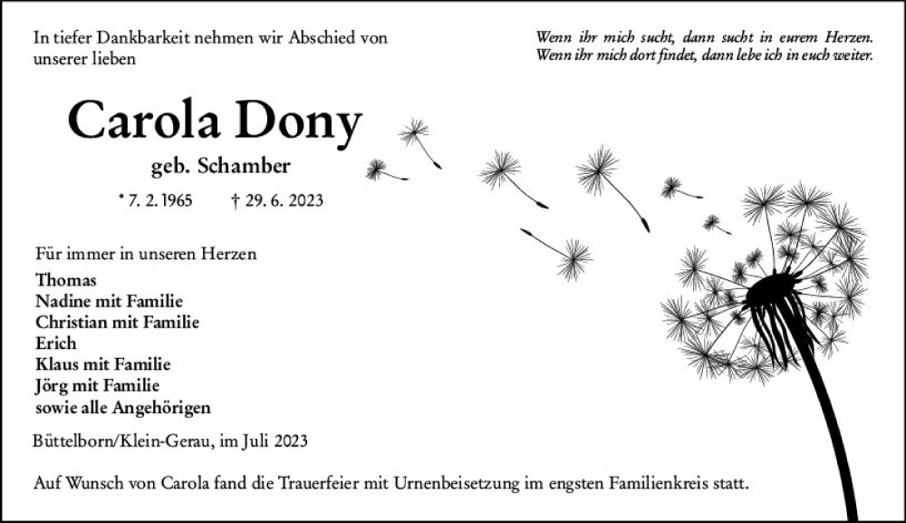  Traueranzeige für Carola Dony vom 08.07.2023 aus Groß-Gerauer Echo