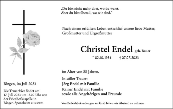 Traueranzeige von Christel Endel von Allgemeine Zeitung Bingen/Ingelheim