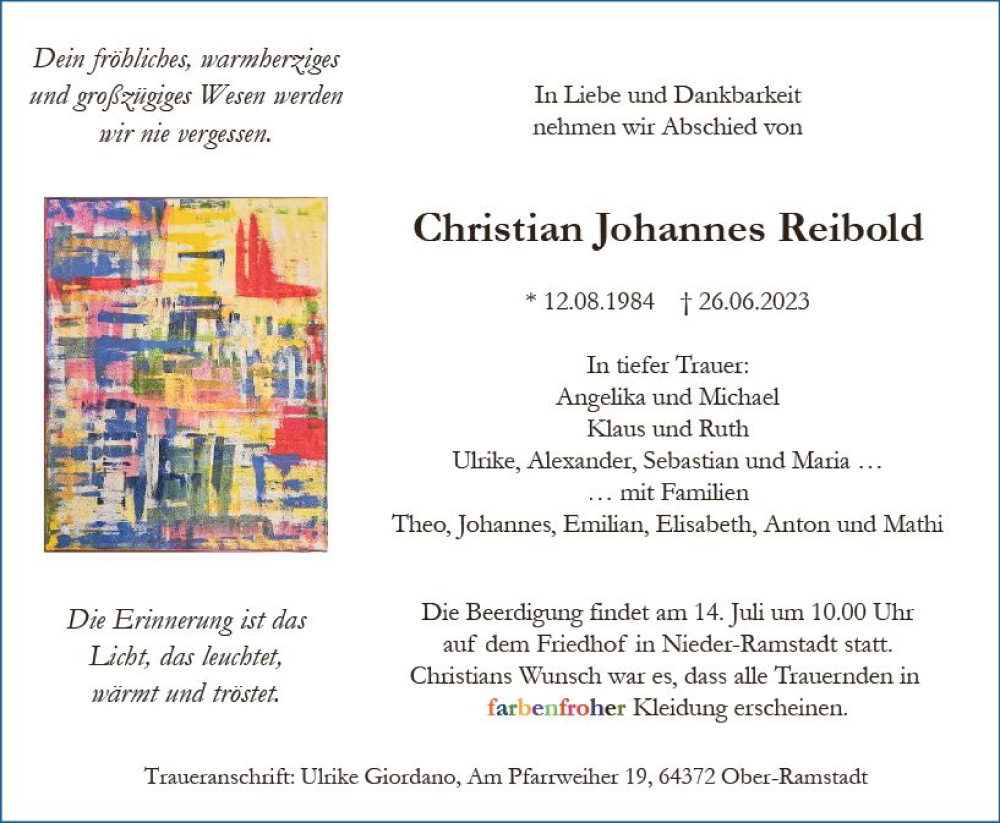  Traueranzeige für Christian Johannes Reibold vom 08.07.2023 aus Darmstädter Echo