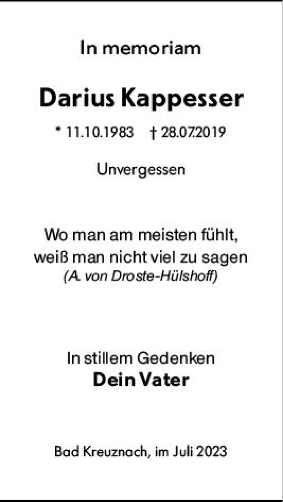  Traueranzeige für Darius Kappesser vom 28.07.2023 aus Allgemeine Zeitung Bingen/Ingelheim