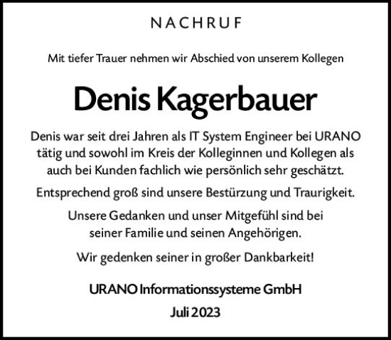 Traueranzeige von Denis Kagerbauer von Allgemeine Zeitung Mainz