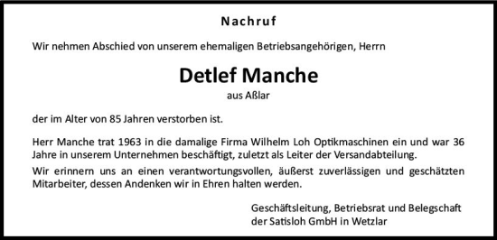 Traueranzeige von Detlef Manche von Wetzlarer Neue Zeitung