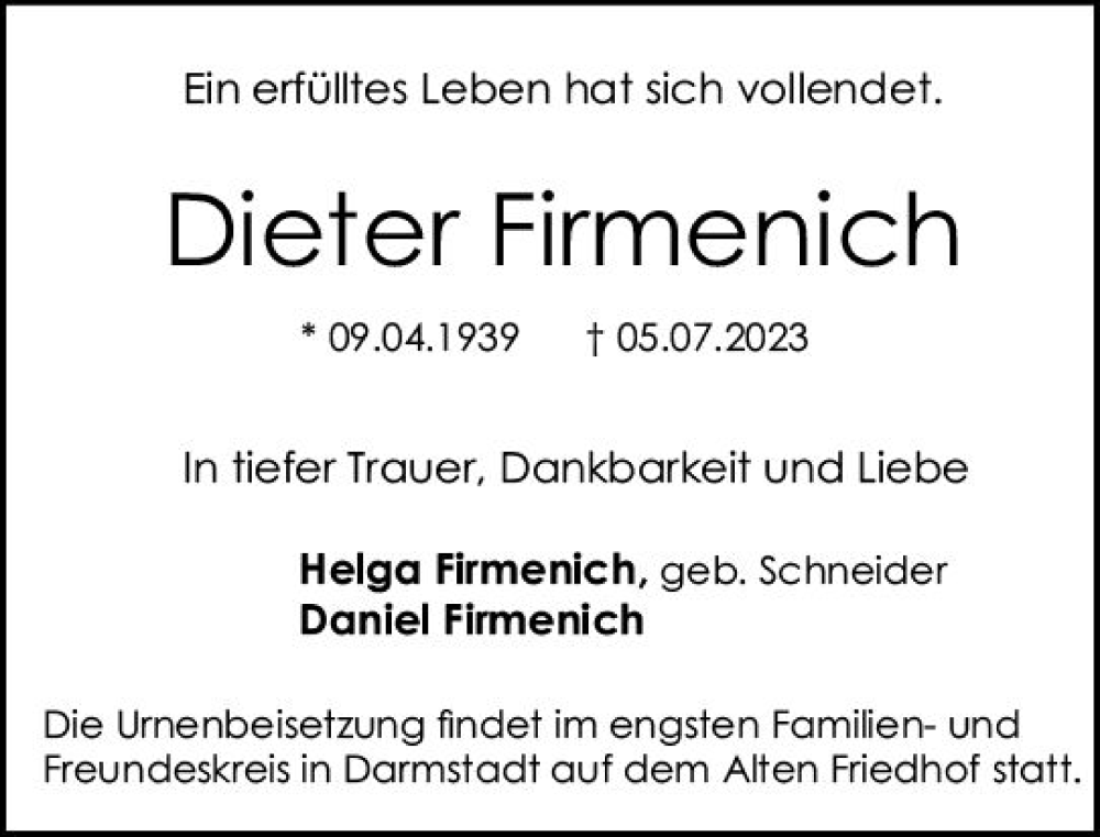  Traueranzeige für Dieter Firmenich vom 15.07.2023 aus Darmstädter Echo