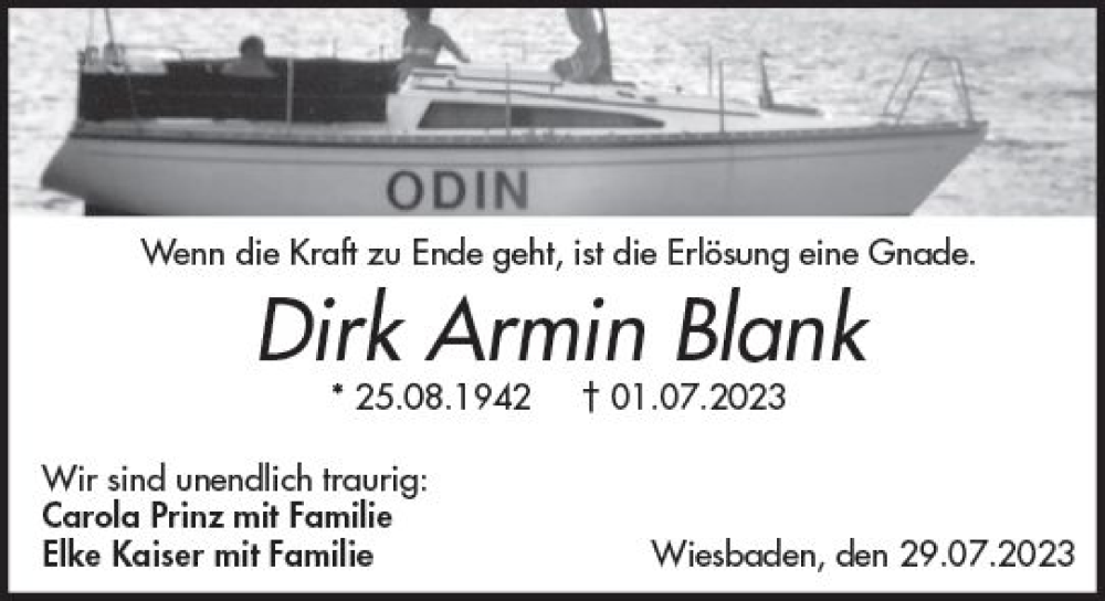  Traueranzeige für Dirk Armin Blank vom 29.07.2023 aus Wiesbadener Kurier