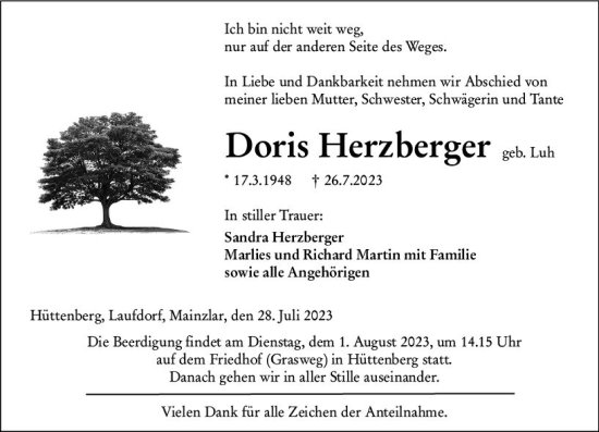 Traueranzeige von Doris Herzberger von Wetzlarer Neue Zeitung