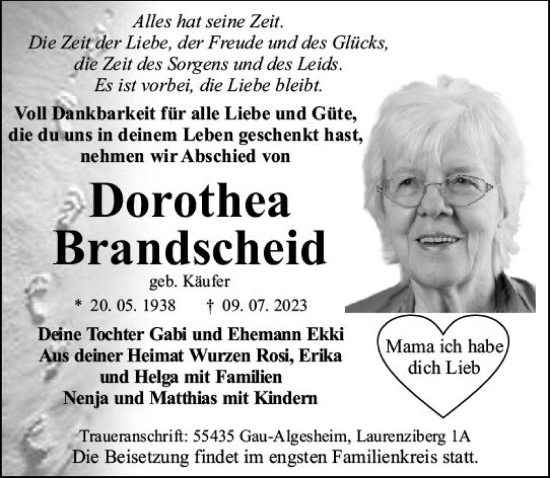 Traueranzeige von Dorothea Brandscheid von Bingen/Ingelheim WOBL inkl. Neue Binger Ztg.