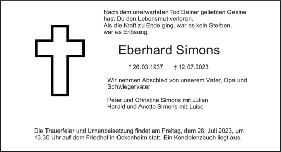 Traueranzeige von Eberhard Simons von Allgemeine Zeitung Bingen/Ingelheim