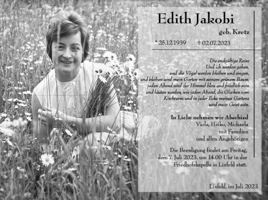Traueranzeige von Edith Jakobi von Hinterländer Anzeiger
