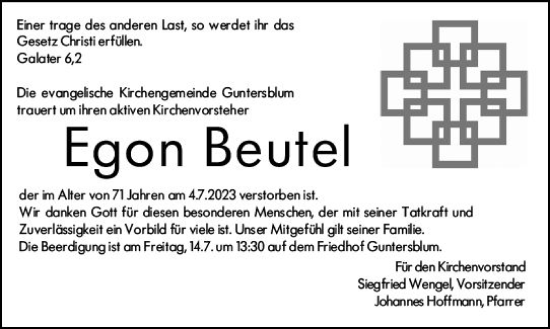 Traueranzeige von Egon Beutel von Allgemeine Zeitung Mainz