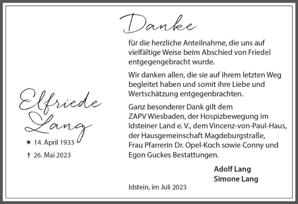  Traueranzeige für Elfriede Lang vom 08.07.2023 aus Idsteiner Land/Untertaunus
