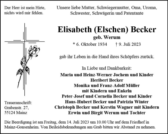 Traueranzeige von Elisabeth Becker von Allgemeine Zeitung Mainz
