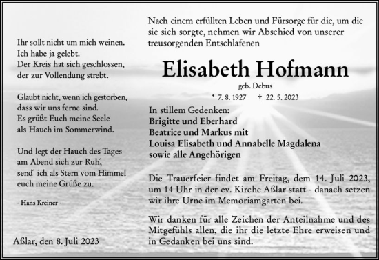Traueranzeige von Elisabeth Hofmann von Wetzlarer Neue Zeitung