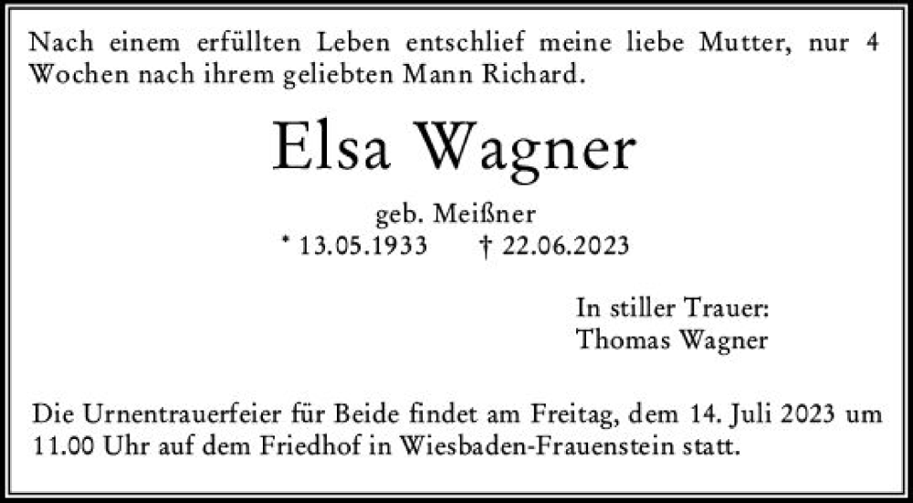  Traueranzeige für Elsa Wagner vom 12.07.2023 aus Wiesbadener Kurier