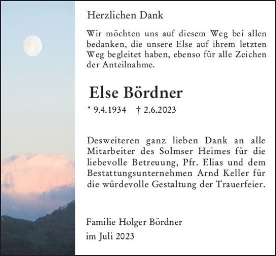Traueranzeige von Else Bördner von Weilburger Tageblatt