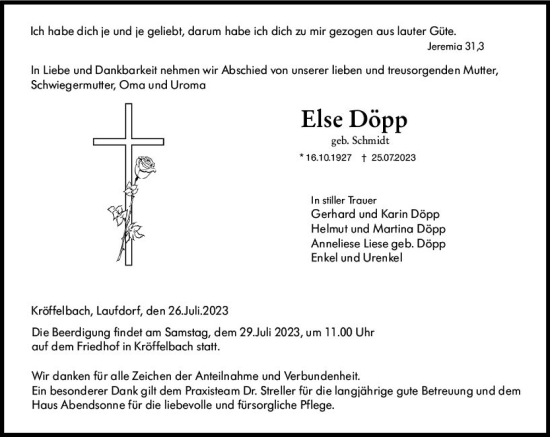 Traueranzeige von Else Döpp von Wetzlarer Neue Zeitung