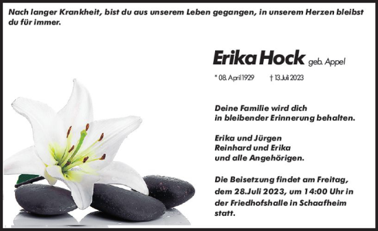 Traueranzeige von Erika Hock von Dieburger Anzeiger/Groß-Zimmerner Lokal-Anzeiger