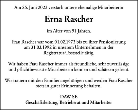 Traueranzeige von Erna Rascher von Darmstädter Echo