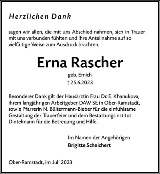 Traueranzeige von Erna Rascher von Darmstädter Echo