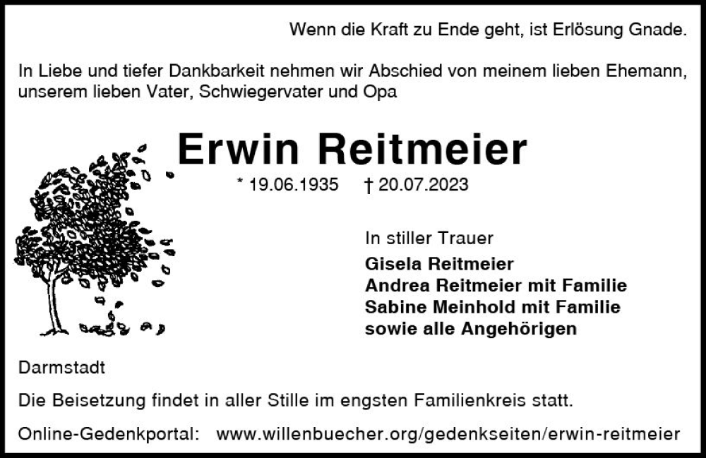  Traueranzeige für Erwin Reitmeier vom 29.07.2023 aus Darmstädter Echo
